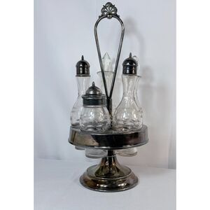 Antique Cruet Condiment Set Silverplate 11 Piece Etched Bottles Victorian